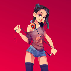 Girl dj playing music on party, disco or nightclub. Young woman in shorts with piercing on face. Vector cartoon illustration of cute female character, teenage girl with headphones