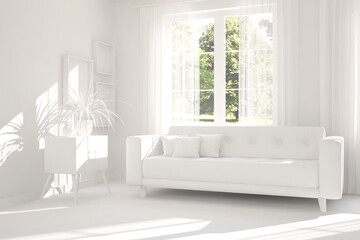 Stylish room in white color with sofa and green landscape in window. Scandinavian interior design. 3D illustration