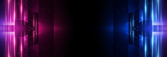 Background empty show scene. Ultraviolet dark abstract background. Geometric neon shapes, neon glow, blue and pink lighting. Night view, symmetrical reflection and perspective. Laser show, empty neon 