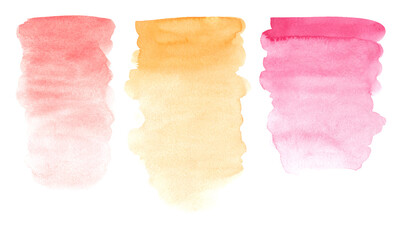 Watercolor decorative textured spots in bright pink, yellow and orange colors. Trendy paint texture streak and paint brush strokes. Elements hand painted isolated on white