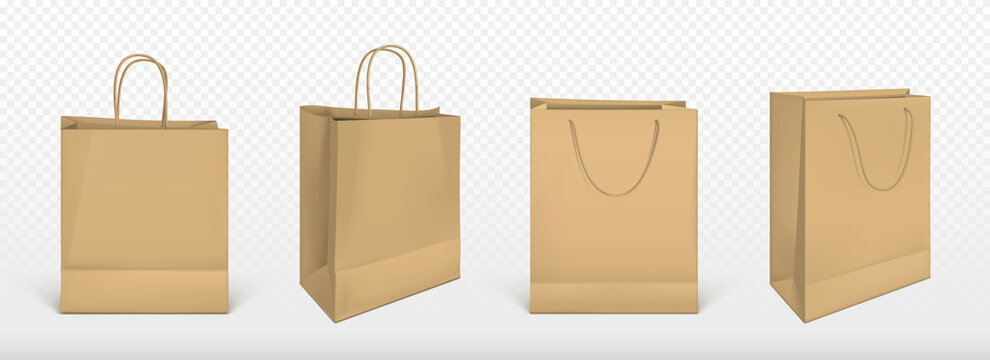Paper shopping bags, mockup, square blank ecological packages with jute rope handles pack mock up for branding and corporate identity design isolated on transparent background, Realistic 3d vector set