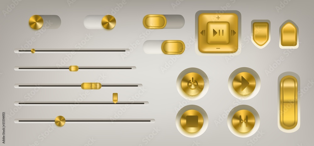 Poster music control panel with golden buttons, knobs, switch and volume slider. vector realistic interface