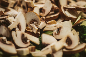 Chopped Mushrooms on wood.