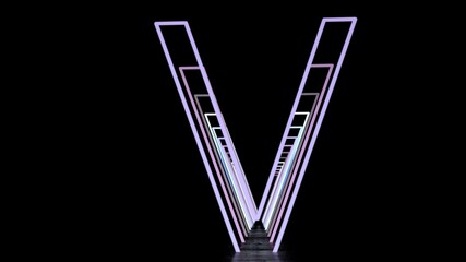 Neon English Alphabet. Neon Tunnels on a black background with Reflection. 3d illustration.