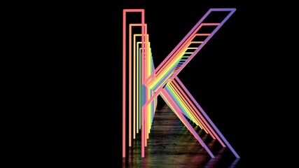 Neon English Alphabet. Neon Tunnels on a black background with Reflection. 3d illustration.