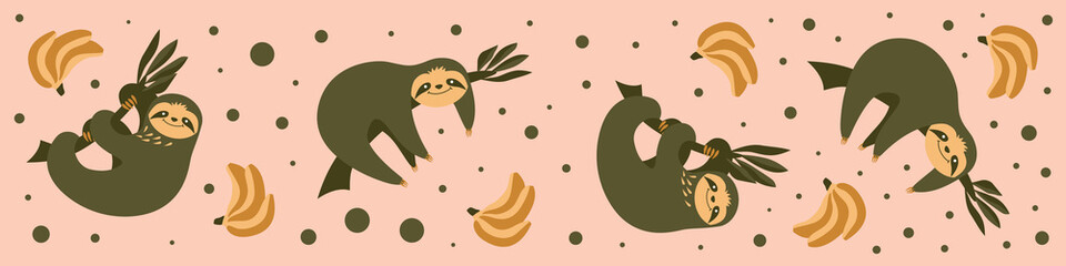 Web banner with cute sloths and bananas. Social media profile background. Flat vector illustration.