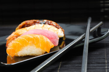 Japanese Cuisine: Salmon (sake), Conger, Shrinp and Tuna Nigiri - Sushi Set