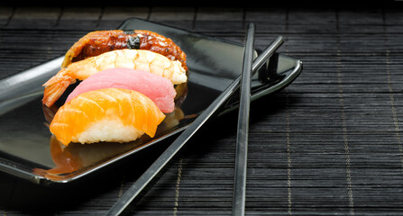 Japanese Cuisine: Salmon (sake), Conger, Shrinp and Tuna Nigiri - Sushi Set