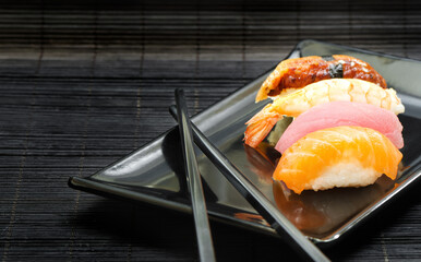 Japanese Cuisine: Salmon (sake), Conger, Shrinp and Tuna Nigiri - Sushi Set