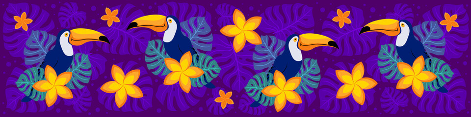 Tropical web banner with cute toucans, monstera leaves and plumeria flowers. Social media profile background. Flat vector illustration.
