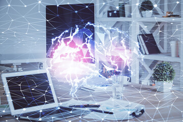 Double exposure of work table with computer and brain sketch hologram. Brainstorming concept.