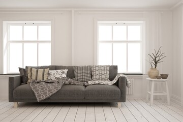 White stylish minimalist room with black sofa. Scandinavian interior design. 3D illustration