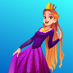 Princess with long hair. Cute girl in vintage dress and gold crown. Vector cartoon illustration of happy young woman in queen costume. © klyaksun