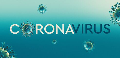 Naklejka na ściany i meble High resolution banner Coronavirus microscopic view. Dangerous asian ncov corona virus, SARS concept with text on teal background. 3d rendering