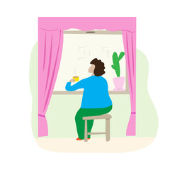 Woman sits on a chair by the window and drinks tea. Cartoon scene tea party at home alone. Elderly lady looks out the window.