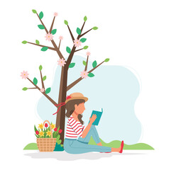 Obraz na płótnie Canvas Woman reading book under the tree in spring. Cute illustration in flat style