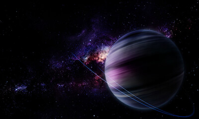 abstract space 3D illustration, 3d image, background, a bright planet in space in a nebula and the shining of stars in purple tones