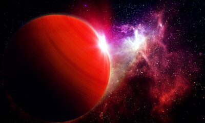 abstract space 3D illustration, 3d image, background, a bright planet in space in a nebula and the shining of stars in red tones
