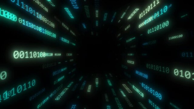 Digital communication concept using 8bit binary computer code numbers. 3D blue flowing data glow tunnel hole 4K pattern animation.