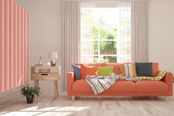 White stylish minimalist room with coral sofa. Scandinavian interior design. 3D illustration