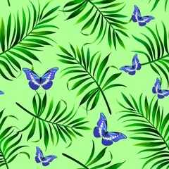 Raamstickers Vlinders Jungle vector pattern with tropical leaves and butterfly .Trendy summer print. Exotic seamless background.