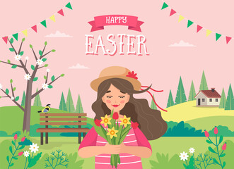 Obraz na płótnie Canvas Girl holding flowers, with spring landscape. Easter greeting card template. illustration in flat style