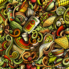 Obraz premium Mexican Food hand drawn doodles seamless pattern.
