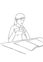 Young woman drinking coffee or tea, and reading newspaper, black and white drawing.