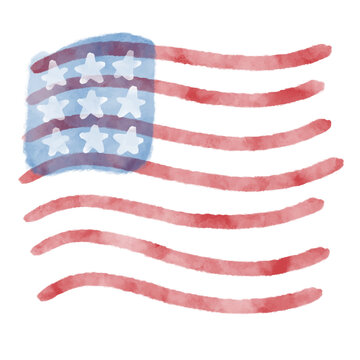 Flag of America, hand-drawn watercolor on white background