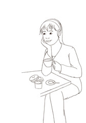 Cartoon girl wearing pajamas, having breakfast with happy expression.