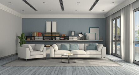 White and blue modern living room