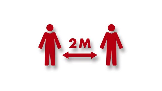 Social distancing - video animation of two people, with 2M and arrows (with alpha channel - transparent background)	