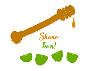 Jewish New Year Holiday. Happy Shana Tova. Rosh Hashanah Vector Greeting Card. Typography and Doodle Fruits. Cartoon character apples in honey stick, with happy and loving emotions