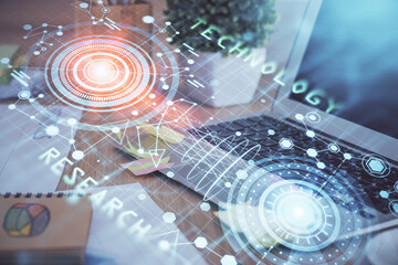 Technology theme drawing and table with computer. Double exposure. Concept of information.