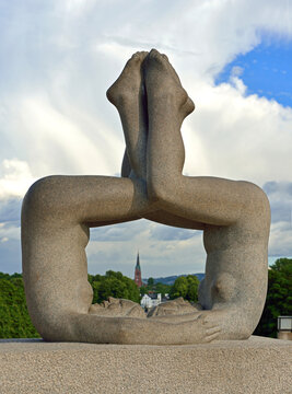 Unique sculpture park is life work of sculptor Vigeland with more than 200 sculptures in bronze, granite and cast iron. Two girls standing on their heads, smiling, 1921. Oslo