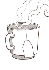 Cup of tea, black and with illustration, free hand drawing.