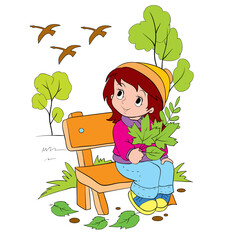 Obraz na płótnie Canvas cute girl in autumn sits on benches and holds a bunch of leaves in her hands, ducks fly high in the sky to warm lands, vector illustration,