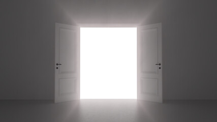 3d render open door shine in dark room