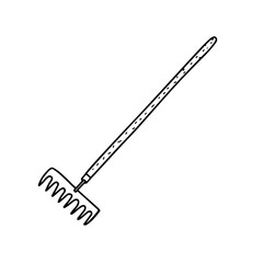 Garden rakes isolated on a white background. Rake for the garden.Tools for earthworks and territory cleaning. Vector illustration in Doodle style