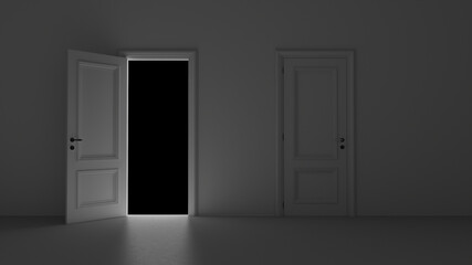 3d render open door in dark room on a black background