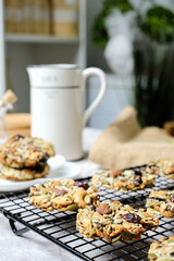 Mixed Nut and Dried fruits and Seeds Florentine, Gluten free whole foods Healthy biscuit cookies. set on cafe table.