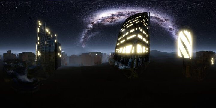 city skyline at night under a starry sky. ready for use in vr360 virtual reality