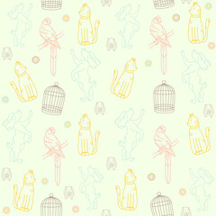 ПечатьAnimal seamless pattern. Pets - Hamster, parrot, dog, cat and cage. Outline drawing. Can be used for baby, fashion design, shirts, fashion print, fashion, t-shirt, packaging, decoration