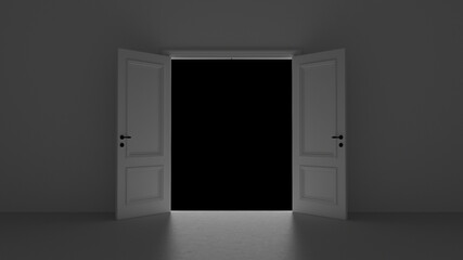 3d render open door in dark room on a black background