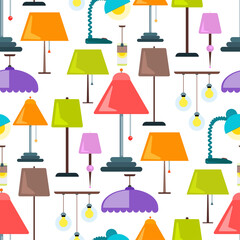 Lamp furniture classic floor table vector illustration light electric interior energy seamless pattern lightbulb illumination background.