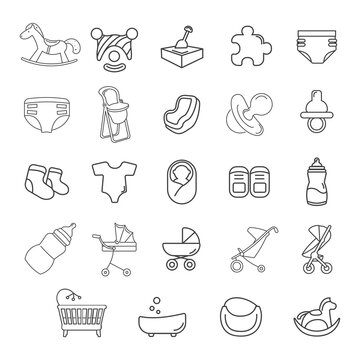 Baby Children. Family line icon set. with dummy diaper nipple