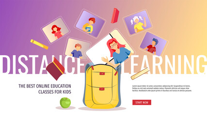 Website design for Online Education, Distance learning, Teaching, Study, School. Teacher and kids studying by internet and backpack. Vector illustration for poster, banner, presentation, flyer.