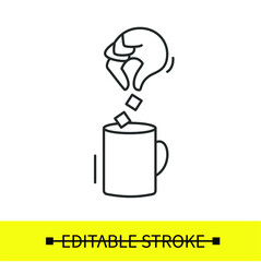 Adding sugar icon. Hand drooping sugar cubes or artificial sweetener into mug of coffee or tea. Simple editable linear illustration for web, recipe, instruction and package design
