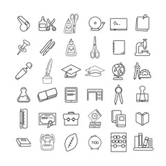 School and Education line Icon set with graduation cap, book, pencil, pen, eraser, blackboard