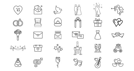 love line icon set with wedding icons, love doves, love couple, love message
